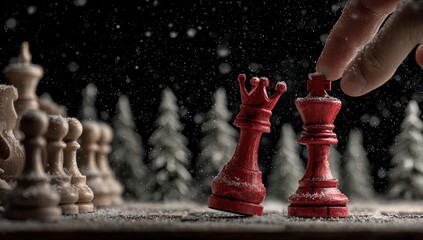 A hand gently nudges a red chess king, poised beside its queen, amidst a snowy winter scene with miniature snow-covered trees and a chessboard