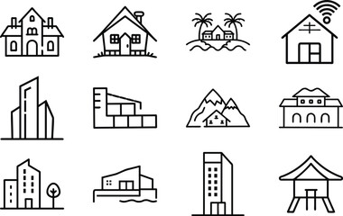 Set of 12 Minimal Line Icons of Houses, Buildings, and Architecture – Residential, Commercial, and Modern Real Estate Vector Illustrations on White Background