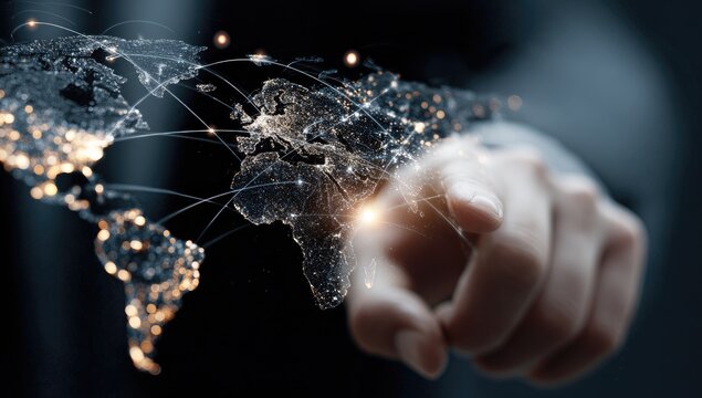 A hand interacts with a glowing, interconnected world map, showcasing global networks and digital connectivity - Powered by Adobe
