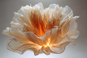 A luminous, pale peach fabric sculpture resembles a blossoming flower, its translucent petals softly illuminated from within, creating a warm, ethereal glow against a neutral background