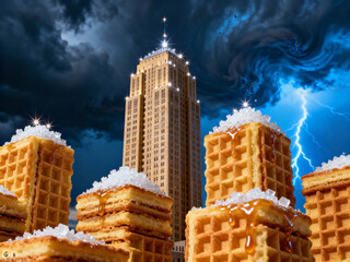 Waffle towers in stormy city night, surreal food landscape with skyscraper, sweet abstract dessert art, sugary architecture in dark blue dramatic sky