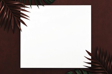 Dark palm leaves framing a white square on a dark brown background