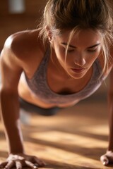 Vertical close-up photo of woman practicing plank pose on wooden floor, emphasizing strength, balance, core stability. Perfect for yoga guides, fitness branding, wellness campaigns