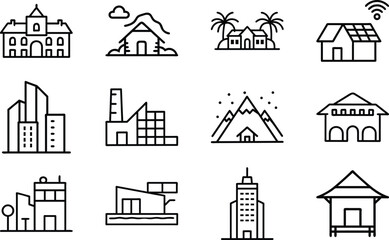 Set of 12 Minimal Line Icons of Houses, Buildings, and Architecture – Residential, Commercial, and Modern Real Estate Vector Illustrations on White Background