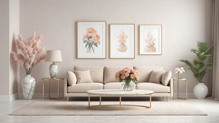 Mockup poster empty frame in scandinavian, tropical, rustic, minimal, bohemian, style living room interior, living room interior background. Minimalist Scandinavian design. Mock up. 3d rendering