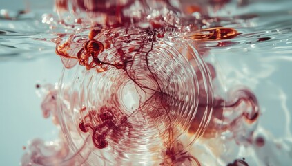 Intricate patterns of vibrant red ink swirl and diffuse within clear water, creating a captivating and abstract visual display of fluid movement, with rippling surface effects and a soft, ethereal...