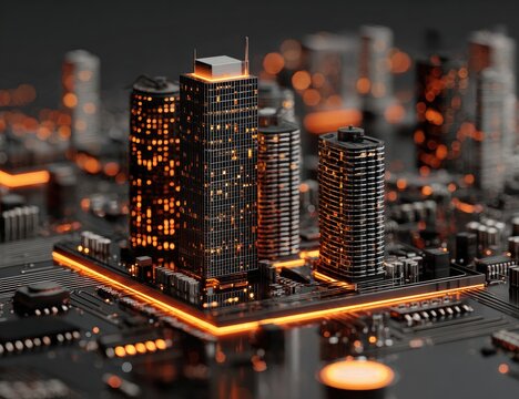 A miniature cityscape of dark skyscrapers illuminated with warm orange light, nestled within a glowing orange circuit board square, set against a blurred backdrop of similar buildings