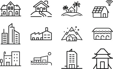 Set of 12 Minimal Line Icons of Houses, Buildings, and Architecture – Residential, Commercial, and Modern Real Estate Vector Illustrations on White Background