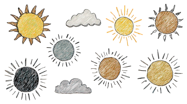 Hand Drawn Sun and Cloud Set on Transparent Background