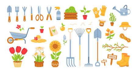 Garden flat tools. Agriculture set items. Geometric flat instruments. Farm or planting equipment with plants, seeds, bucket, seedling, pots, gloves.