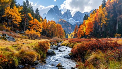 Vibrant Orange Forest, Mountain Peaks, and Rushing River. 