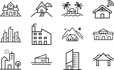 Set of 12 Minimal Line Icons of Houses, Buildings, and Architecture – Residential, Commercial, and Modern Real Estate Vector Illustrations on White Background