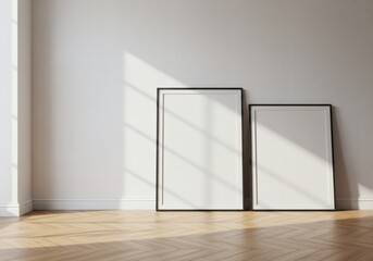 Sunlit Minimalist Interior: Blank Frames on White Wall, Herringbone Parquet Floor, Geometric Shadows