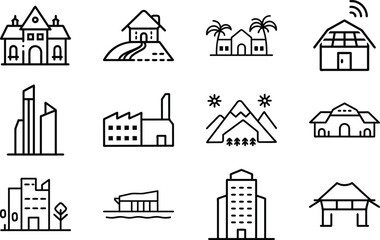 Set of 12 Minimal Line Icons of Houses, Buildings, and Architecture – Residential, Commercial, and Modern Real Estate Vector Illustrations on White Background