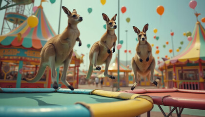 Kangaroos jumping on a trampoline at a colorful carnival, surreal australian animals at amusement park, fun summer holiday vacation concept