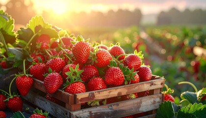 Sunlit view of a wooden crate overflowing with ripe, juicy strawberries in a field, rows of plants stretching into the distance. Golden hour light