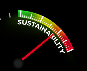 Speedometer showing Sustainability with red needle on the meter glowing in gradient colors, close up. Business, growth, sustainable
