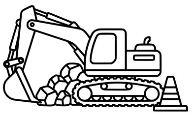 Naklejka premium Excavator illustration with detailed tracks, bucket, and rocks, showcasing construction equipment in a simplified design, perfect for coloring page activities