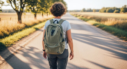 A woman walking down a country road with a green backpack.