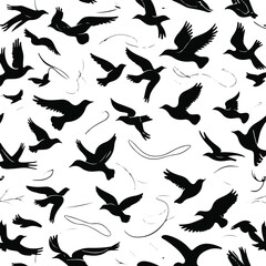 Abstract flying birds flock, scattered line art silhouettes, sense of freedom and travel
