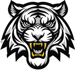 Black Bold outline with white background, Roaring tiger face, thick bold lines, perfect for sports or gaming logo