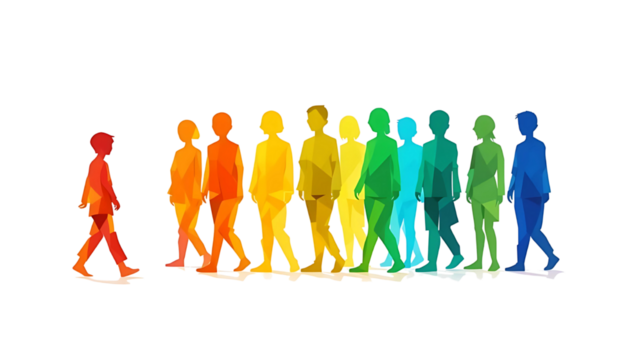 Rainbow Colors of People Silhouettes in Polygon Style Isolated on Transparent Background PNG - Concept of Diversity, Individuality, and Inclusion for Social Media Use