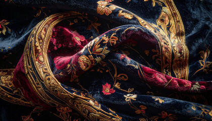 Luxurious Dark Velvet Fabric with Gold Embroidery