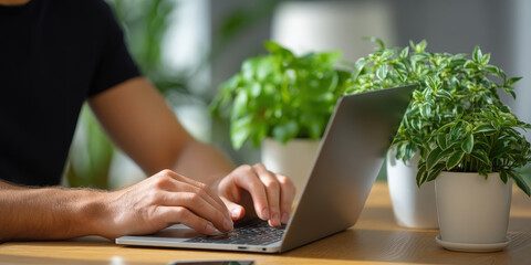 Remote workstudy spaces inspire productivity with laptop and green plants on wooden desk creating calm and focused environment for tasks