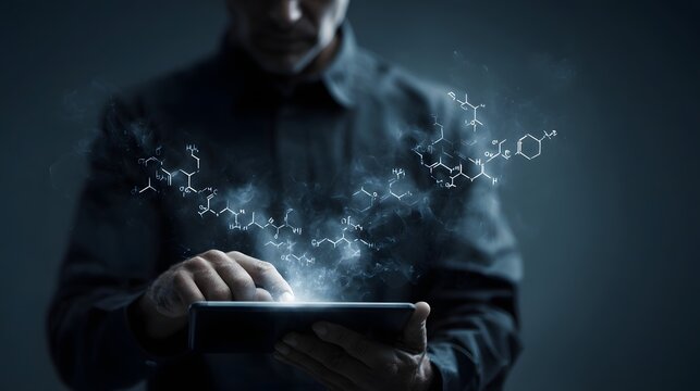 A person interacts with a tablet displaying glowing chemical formulas and molecular structures in a dark futuristic setting