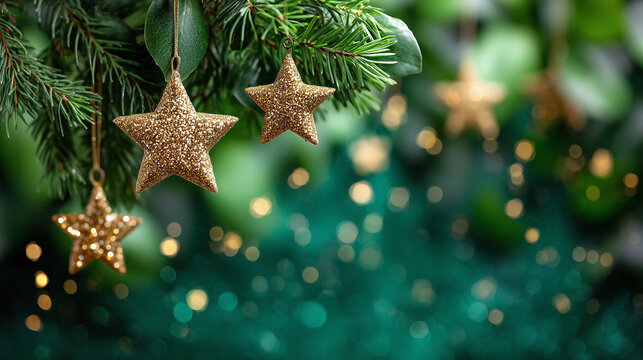 Cozy Christmas backdrop with deep forest green branches and glittering gold star ornaments hanging, creating festive and warm holiday atmosphere with soft bokeh lights - Powered by Adobe