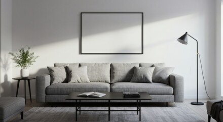 Sunlit Minimalist Interior with a Large Blank Frame Mockup Above a Modern Gray Sofa