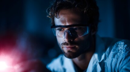 Fototapeta premium A scientist wearing safety goggles intently focuses on an experiment in a dark laboratory