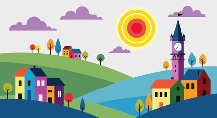 Obraz premium Colorful Village on Rolling Hills with Clock Tower, Stylized Sun, and Purple Clouds in a Playful Landscape Illustration