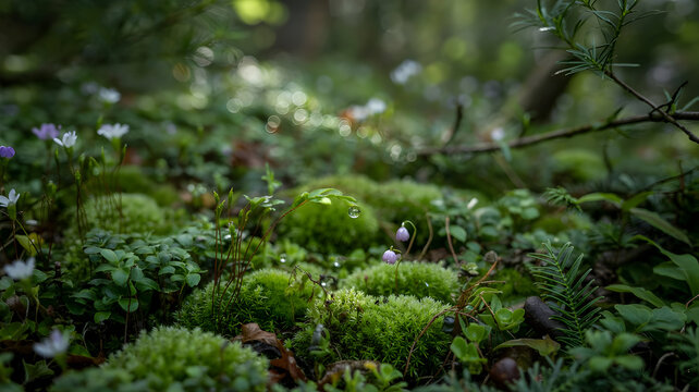 Ultra-wide macro creating landscape view of moss garden, bright natural lighting revealing miniature forest ecosystem