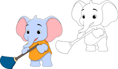 Cute Cartoon Elephant Sweeping with Broom Illustration