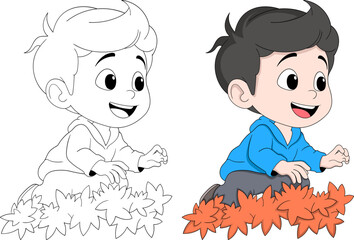 Cartoon Boy Playing in Autumn Leaves Illustration