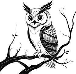 Stylish owl sitting on branch, line art with symmetrical wings, mystical and wise look 2