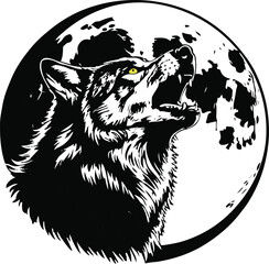 Wolf howling at moon, negative space moon circle, wild nature vibe 1.