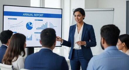 A businesswoman giving a presentation in a conference room.