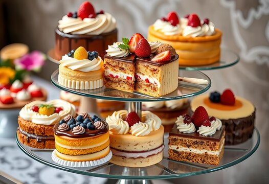 Assorted cakes on a tiered stand, decorated with frosting and fruit, background, birthday cake