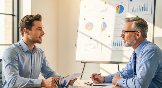 Two men in business attire discussing financial data on a whiteboard in an office setting.