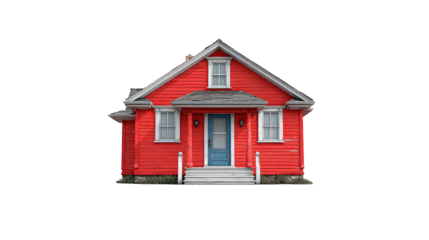 Red Wooden Cottage with White Trim and Blue Door