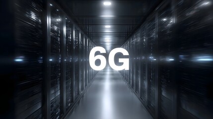 Prominent glowing 6G text displayed in the center of a futuristic high tech server room aisle