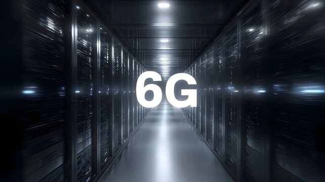 Prominent glowing  6G  text displayed in the center of a futuristic high tech server room aisle