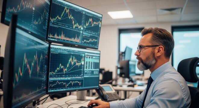 A man in a suit working at a desk with multiple computer monitors displaying financial charts.