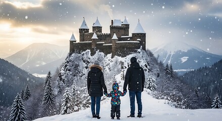 Family admires majestic medieval castle on a snowy mountain peak during a magical winter snowfall, embodying travel and adventure