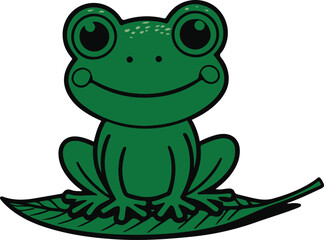 Tiny frog sitting on a leaf, simple minimalist line drawing, cute and playful style