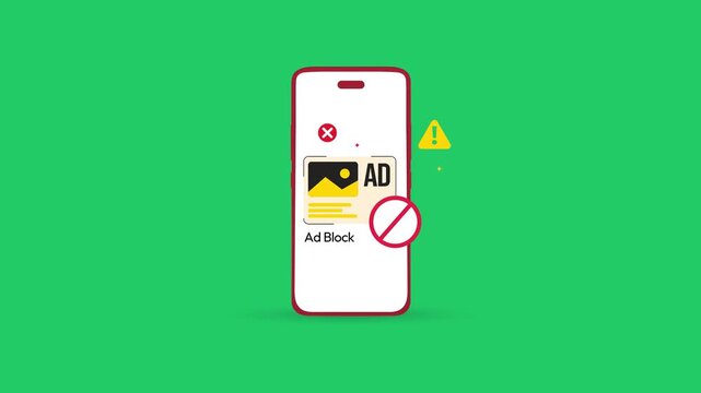 Ad block notification on the smartphone screen with ban sign, 4k animation. Green screen ad blocker concept design