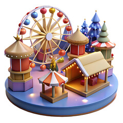 A whimsical christmas fair scene isolated on transparent background featuring a ferris wheel and carousel, creating a festive atmosphere