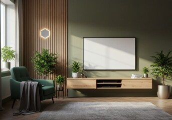 Sunlit Modern Living Room with Olive Green Wall, Wood Slats, and Blank TV Screen Mockup
